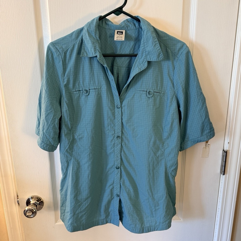 REI Women's Short Sleeve Shirt Blue, Lightweight, Button Front, Outdoor Hiking L